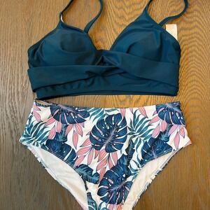 Teal Twist Front Bikini High Waist Floral Two Piece Swimsuit Bathing Suit
